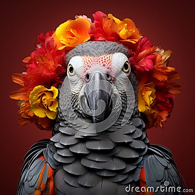 Vibrantly Surreal African Grey Parrot With Floral Crown Stock Photo