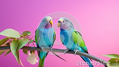 Parrot birds on wood tree branch colorful animal on vibrant background Stock Photo