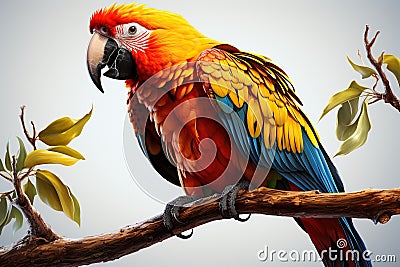 Parrot on a branch. Colorful macaw on a tree branch. AI generated Generative AI Stock Photo
