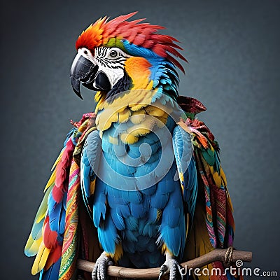Parrot dressed in hippie clothes: Humanization of Animals Concept Stock Photo