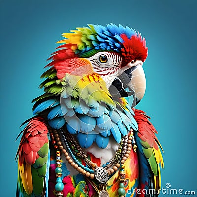 Parrot dressed in hippie clothes: Humanization of Animals Concept Stock Photo