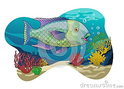 Parrot fish in the beautiful Coral reef Vector Illustration