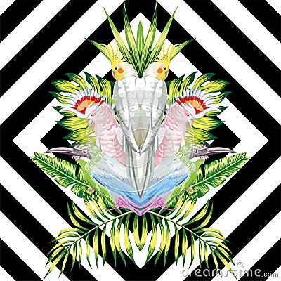 Parrot mirror tropical leaves black white geometric background Vector Illustration