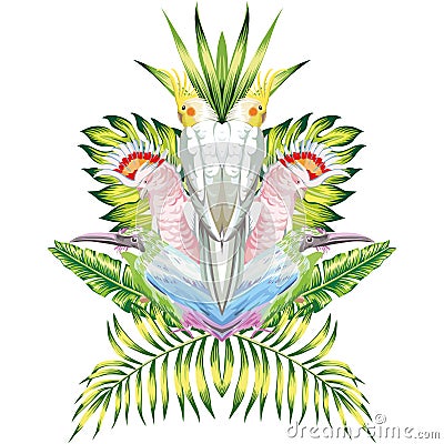 Parrot mirror tropical leaves white background Vector Illustration