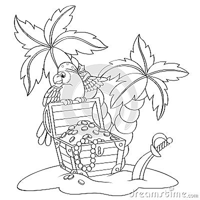 Parrot on pirate`s treasure chest. Deserted beach with palm trees Vector Illustration