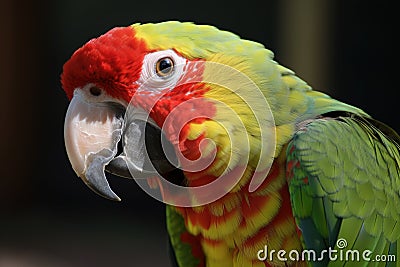 a parrot with a red and yellow head and a green body and a white chest and a black back ground and a black back ground and a Stock Photo