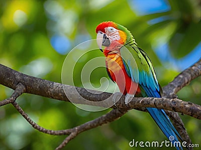 A parrot sits on a branch and straightens its feathers, Stock Photo