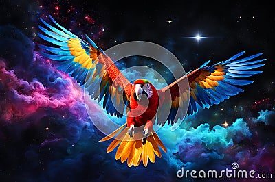 parrot soaring through a cosmic nebula, vibrant feathers casting colors against the backdrop of deep space Stock Photo