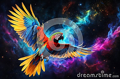 parrot soaring through a cosmic nebula, vibrant feathers casting colors against the backdrop of deep space Stock Photo