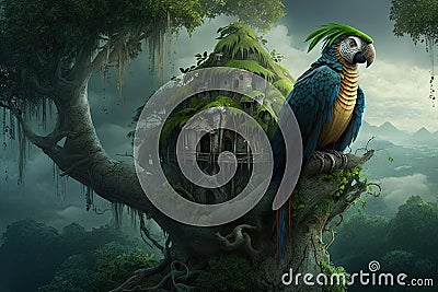 parrot on top of tree, surveying its jungle home Stock Photo