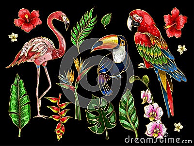 Parrot, toucan, flamingo and flowers embroidery patches elements. Vector Illustration