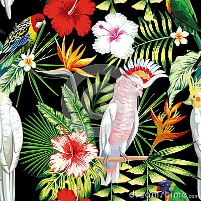 Parrot tropical flowers and leaves seamless pattern black backgr Vector Illustration