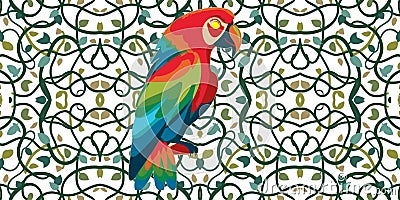 Parrot on vine leaves seamless pattern symmetrical wallpaper Stock Photo