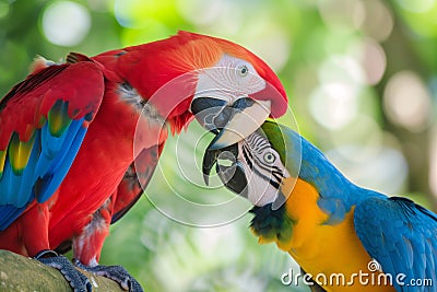parrots playfully nibbling at one anothers beaks Stock Photo