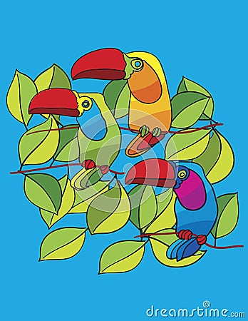 Parrots in the tree Vector Illustration