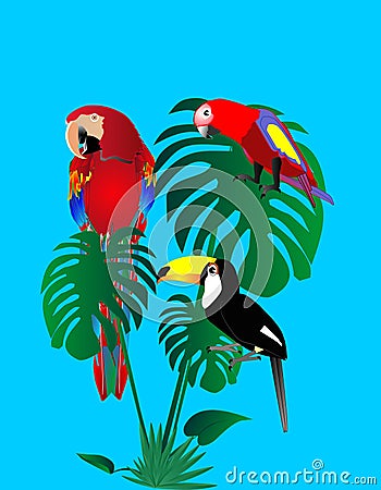 Parrots and tuscan sitting in a rain forest.. Vector Illustration
