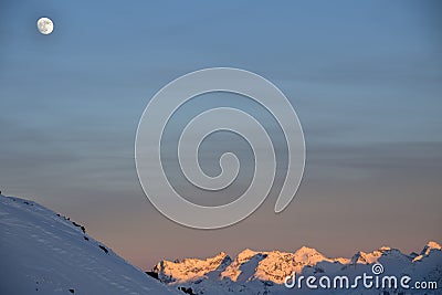 Parsenn mountain swiss alps panorama in winter sunset Stock Photo