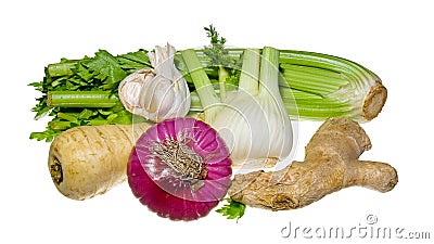 Parsley, fennel, onion, garlic, celery, ginger Stock Photo