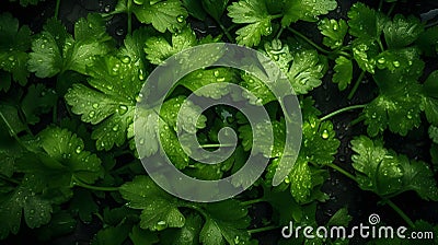 Parsley leaves with water droplets on a dark background. Stock Photo