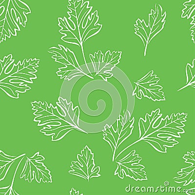 Parsley outline seamless pattern on green background. Simple vector monochrome illustration Vector Illustration