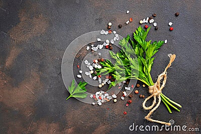 Parsley, salt and pepper. Culinary background Stock Photo