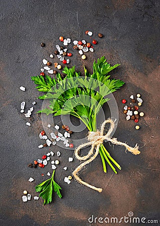 Parsley, salt and pepper. Culinary background Stock Photo