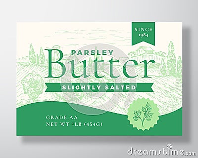 Parsley Salted Butter Dairy Label Template. Abstract Vector Packaging Design Layout. Modern Typography Banner with Hand Vector Illustration