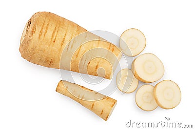Parsnip root and slices isolated on white background closeup. Top view. Flat lay Stock Photo