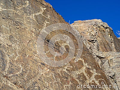 Part of ancient megalith complex, argali in center. Stock Photo