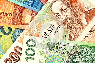 Part of banknotes 200 CZK and 100 PLN Stock Photo