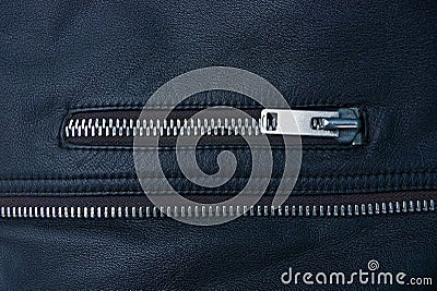 Zip fastener on a leather black jacket Stock Photo