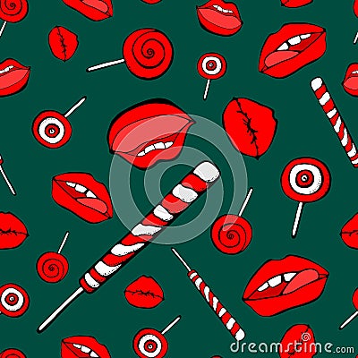 Part of the body, the expression of the lips, to lick the Lollipop. Abstract white seamless background of candy and lips Stock Photo