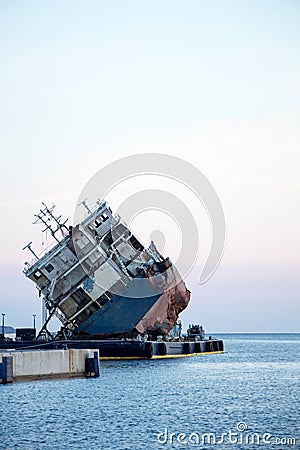 Part of a cargo shipwreck exterior, closeup . Stock Photo