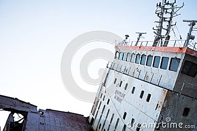 Part of a cargo shipwreck exterior, closeup. Stock Photo