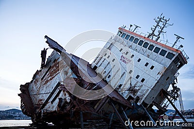 Part of a cargo shipwreck exterior, closeup . Stock Photo