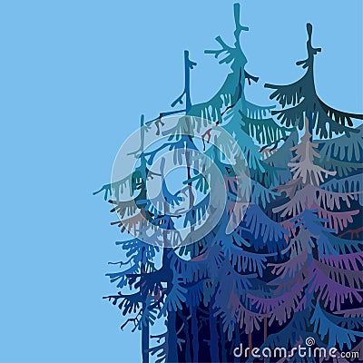 Part cartoonish forest of trees in shades of blue Vector Illustration