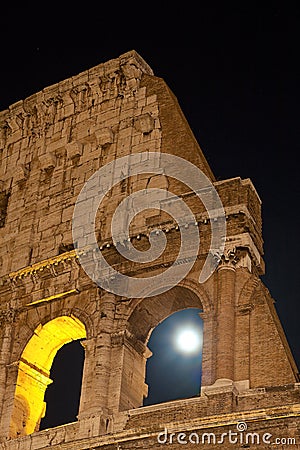 Part of Colosseum, night view, full moon. Stock Photo