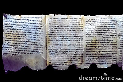 Part of the Dead Sea scrolls as exhibited in the museum Qumran, a settlement on the West Bank in Israel Editorial Stock Photo