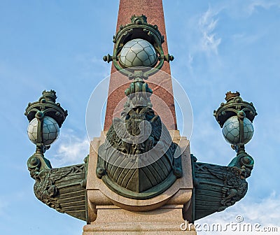 A part of the decoration of the Rostral column of Troitskiy (Trinity) bridge. Stock Photo