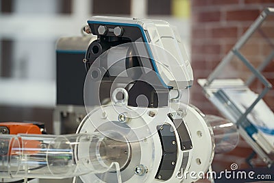 Part of extrusion manufacturing line - extruder, close up Stock Photo