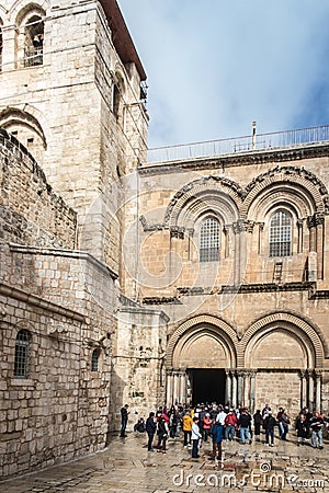 Part facade of the Church of the Holy Sepulchre in Jerusalem Editorial Stock Photo