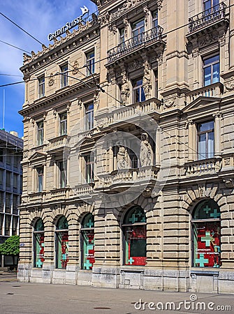 Part of the facade of the Credit Suisse building on Paradeplatz square in Zurich Editorial Stock Photo