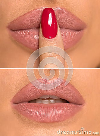 Part of face. plump lips and lips with finger like quiet Stock Photo