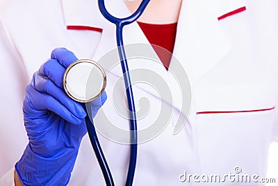 Part female body in lab coat. Doctor nurse with stethoscope isolated Stock Photo