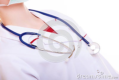 Part of female body in white lab coat. Doctor or nurse with stethoscope Stock Photo