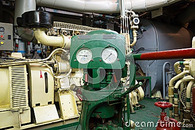 Part of fire sprinkler and drainage system in the engine room Stock Photo
