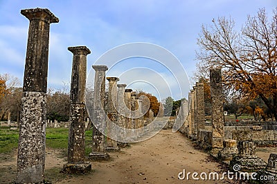 Part of the gymnasium where the ancient Olympians trained in Olympia Greece near the Temple of Zeus - the bottom half of the colum Stock Photo