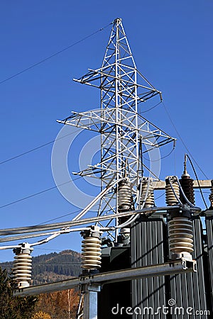 Part of high-voltage substation with switches and disconnectors Stock Photo