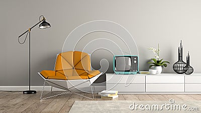 Part of interior with modern armchair and blue tv 3D rendering Stock Photo