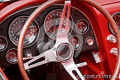 Part of interior with steering wheel, speedometer, revs, fuel, oil, water temperature and battery dials and knobs on the front Stock Photo